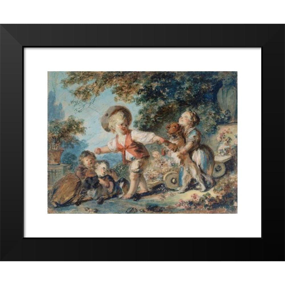 Jean-Honoré Fragonard 14x12 Black Modern Framed Museum Art Print Titled - Children Playing with Two Dogs