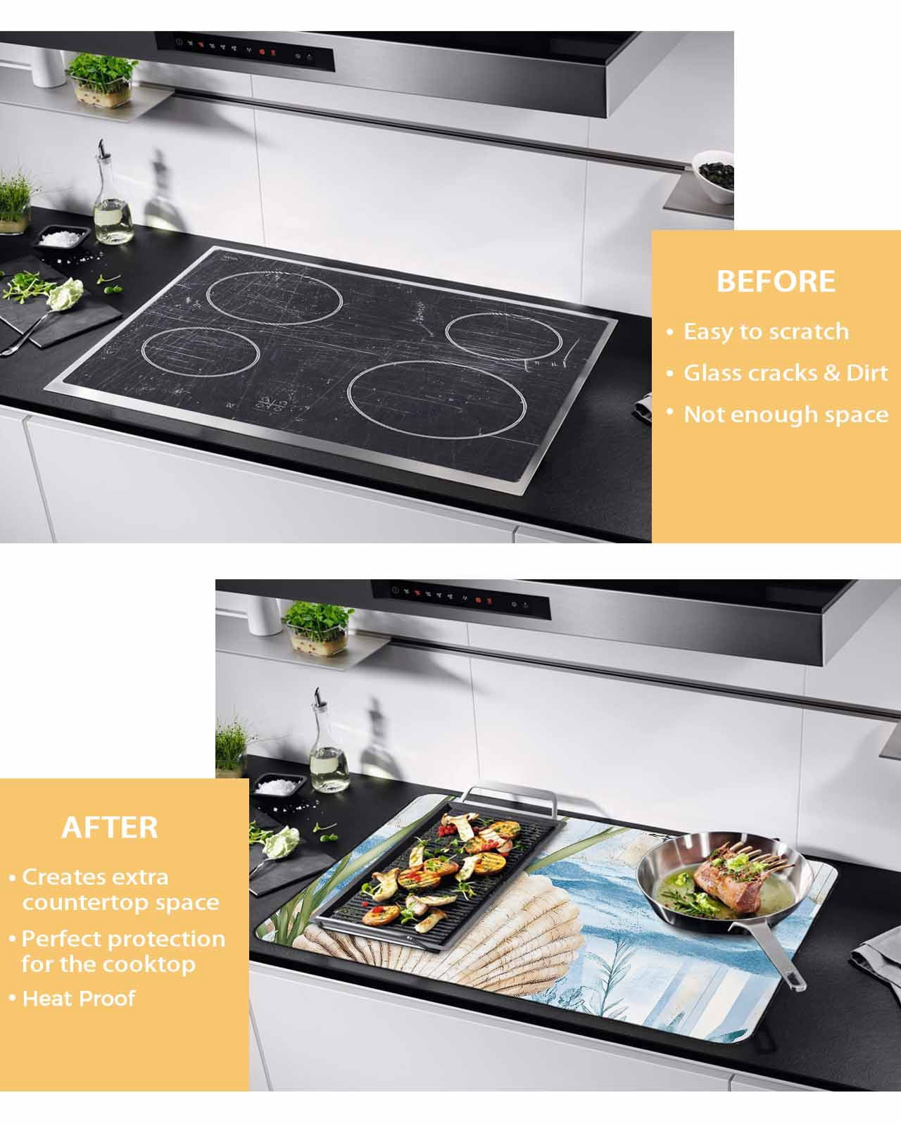 nqOlkjepod Large Induction Cooktop Protector Mat 24"x21", Summer Ocean Stove Top Covers for Electric Stove, Nautical Sea Shell Coral Wave Decorative Stove Burner Cover Mats, Glass Top Stove Cover