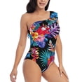 thumbnail image 3 of Easygdp Tropical Palm Leaves Women's One Shoulder Ruffle Monokini Bathing Suits with Removable Chest Pad, Quick Drying - XX-Large, 3 of 8