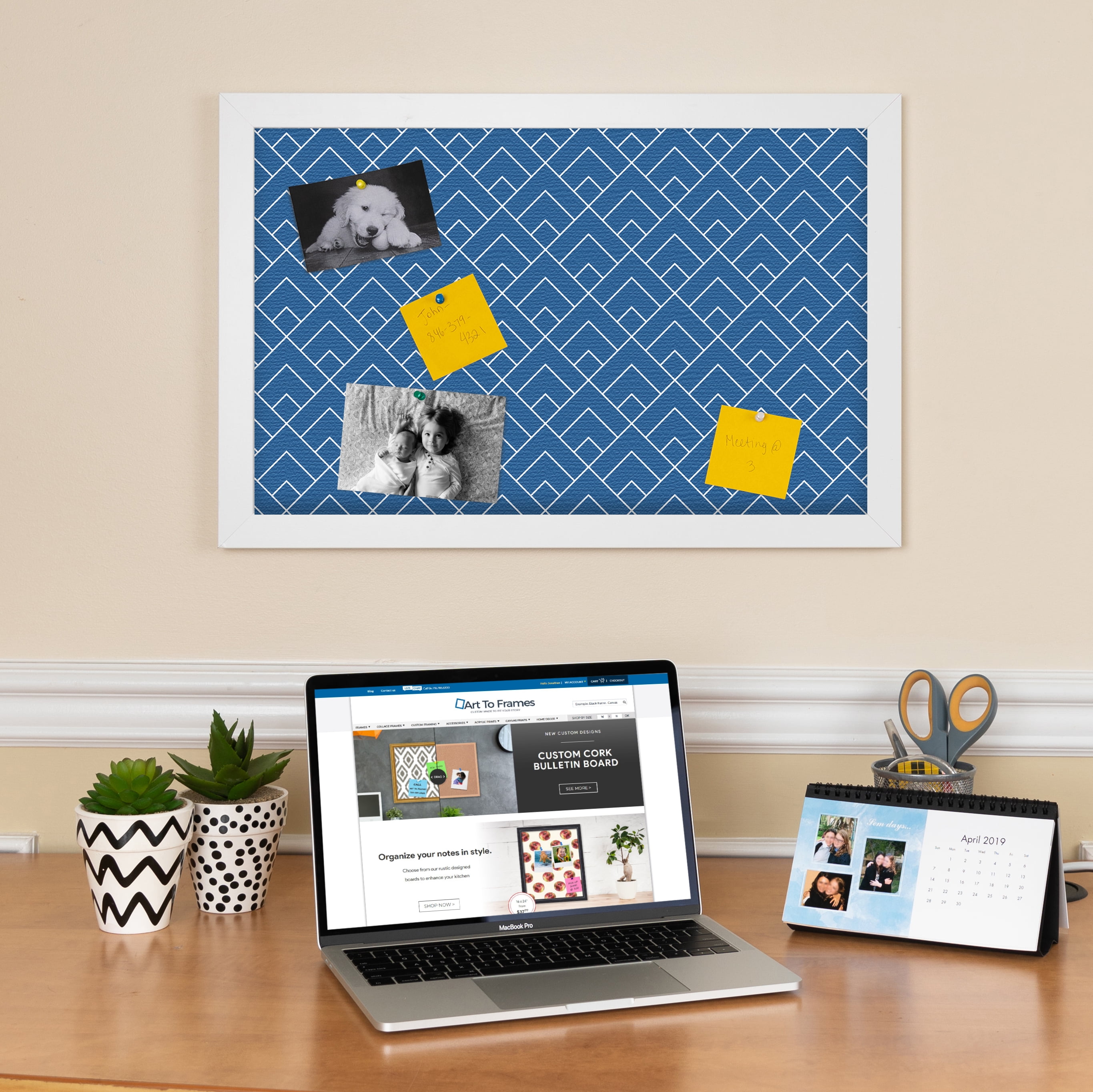 PinPix 16x12 Custom Cork Bulletin Board Peaks Modern Pattern Navy Poster Board Has a Fabric Style Canvas Finish, Framed in Peaks Modern Pattern Navy, by ArtToFrames (PinPix-1796)