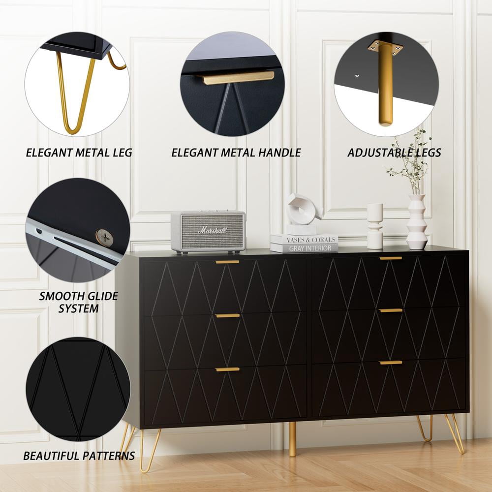 Eclife 47.2"Wide x 28.7" Tall 6-Drawer Double Dressers for Bedroom Living Room Chest with Deep Drawers and Metal Handles, Modern Wood Storage Chest of Drawers, Black