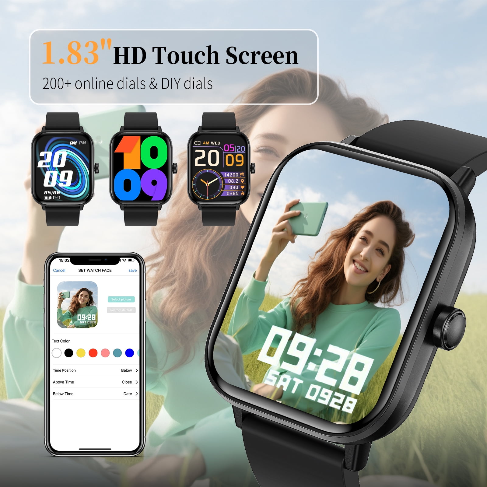 1.83" Smart Watch for Women Men, Make/Answer Calls with Fitness and Wellness Tracking 100+ Sports Modes Step Calorie Counter IP67 Waterproof for Android and iPhone