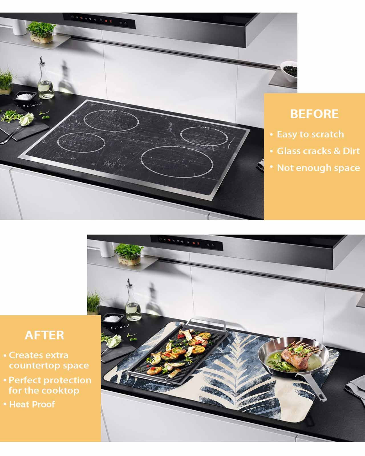 nqOlkjepod Large Induction Cooktop Protector Mat 36"x21", Vintage Navy Blue Botanical Stove Top Covers for Electric Stove, Retro Tropical Leaves Stove Burner Cover Mats, Glass Top Stove Cover
