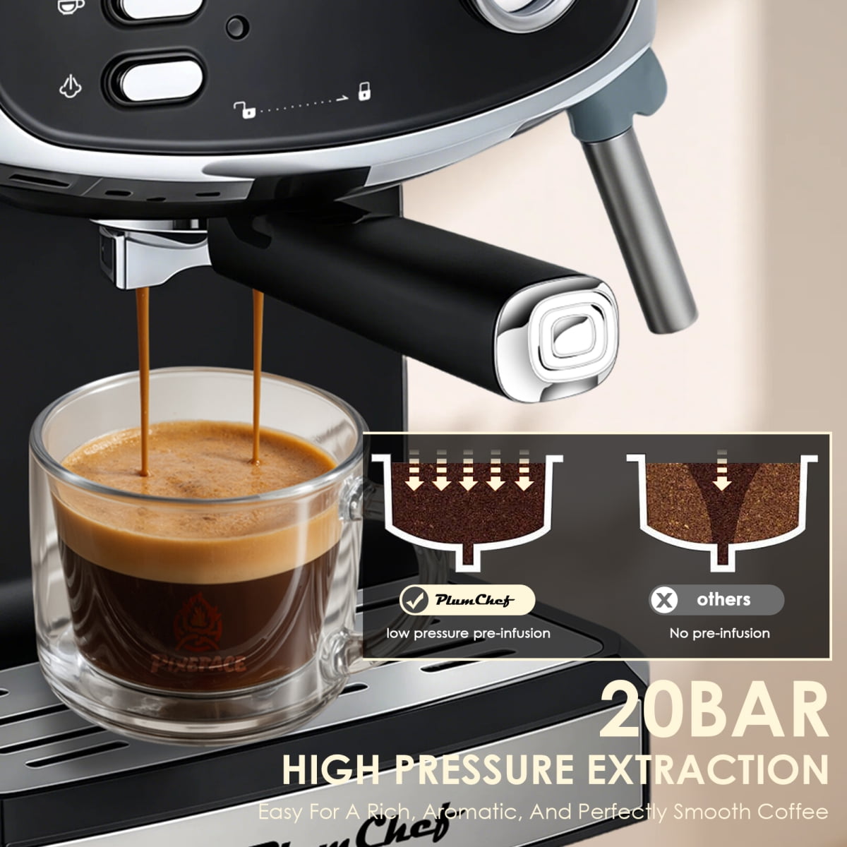 Plum Chef 20 Bar Compact Espresso Machine with Steam Wand, 54oz Water Tank, Low Noise Home Coffee Maker Black