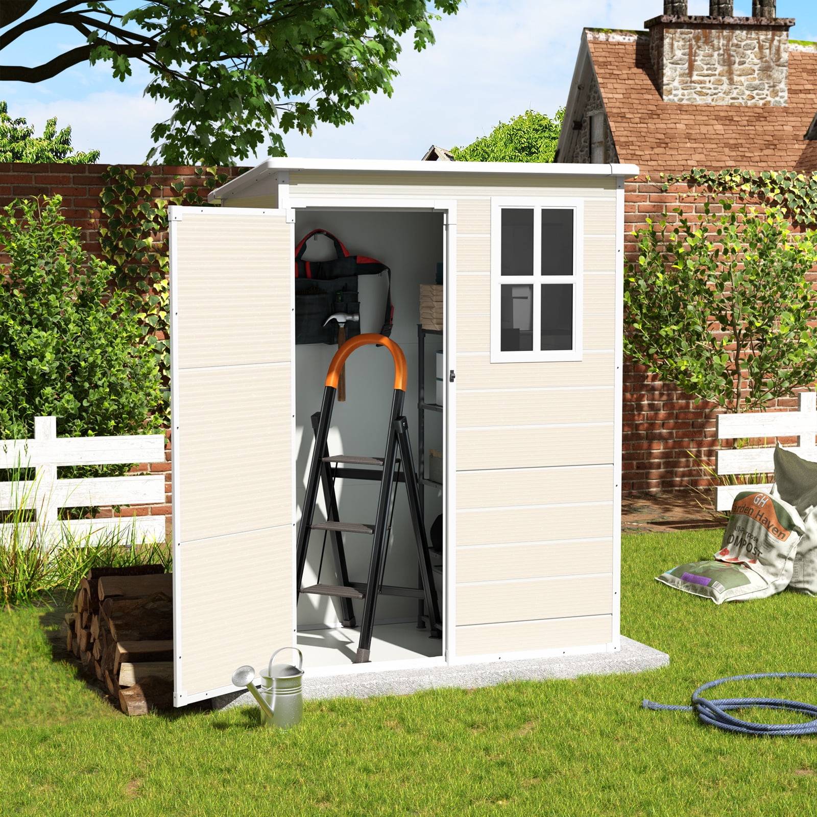 ELPOSUN Outdoor Storage Shed 5x3 FT, Resin Garden Shed for Bike, Garbage Can, Tool, Plastic Outside Sheds & Outdoor Storage Storage Box with Lockable Door for Backyard, Patio, Lawn, Sandstone