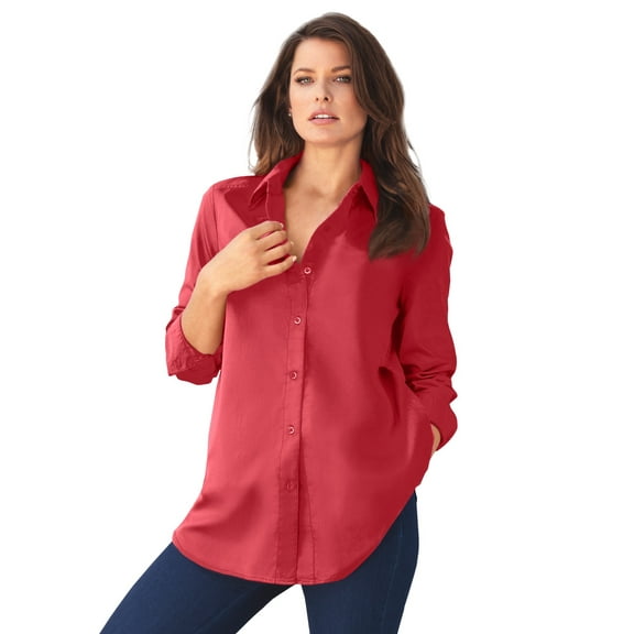 Roaman's Women's Plus Size Kate Long Sleeve Easy Cotton-Blend Button-Front Shirt