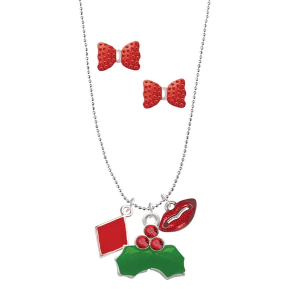 Delight Jewelry Silvertone Card Suit - Red Diamond Christmas Kiss Charm Necklace and Stud Earrings