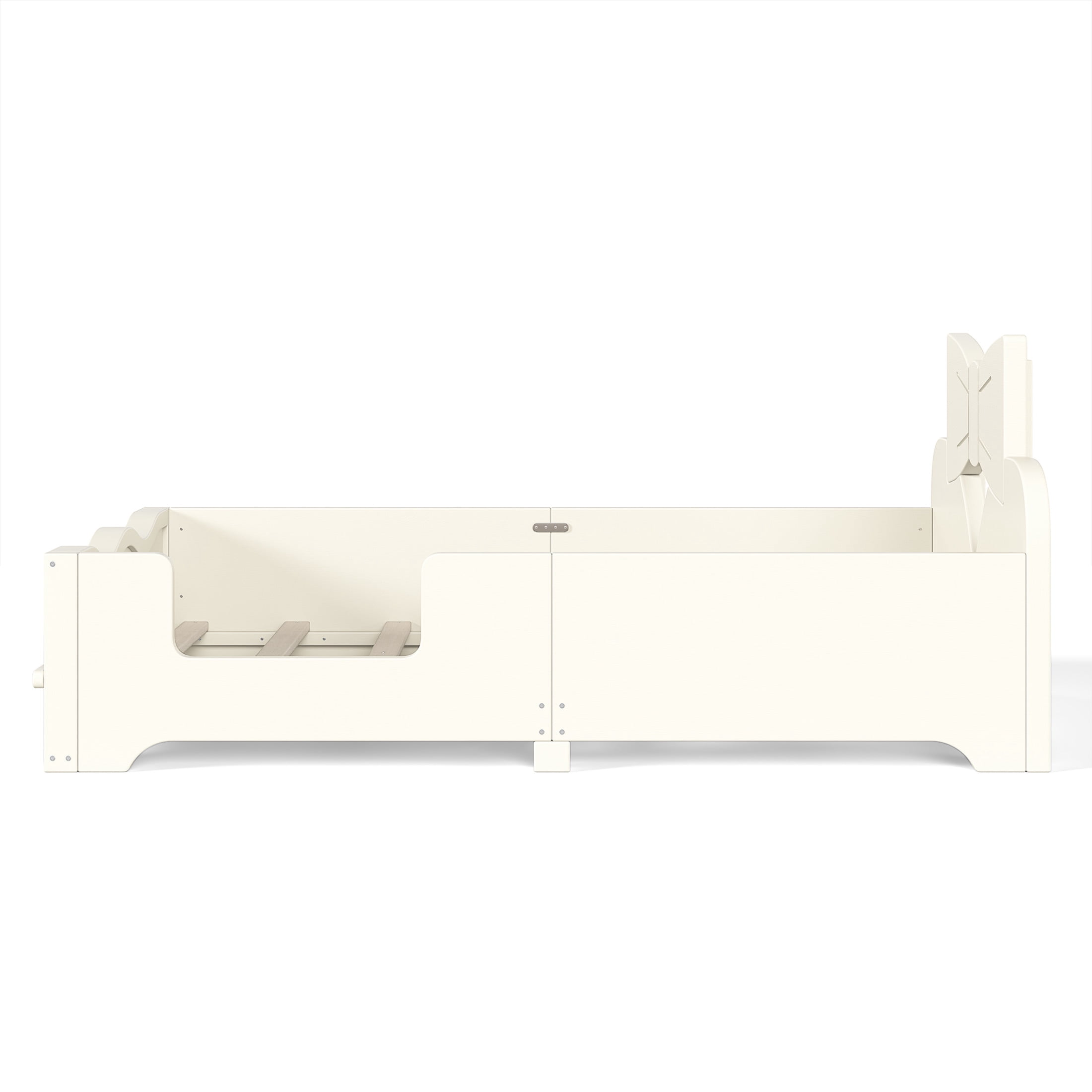 GDF Studio Twin Size Kids Platform Bed with Bowknot Headboard, Guardrails & Bookshelf, Beige