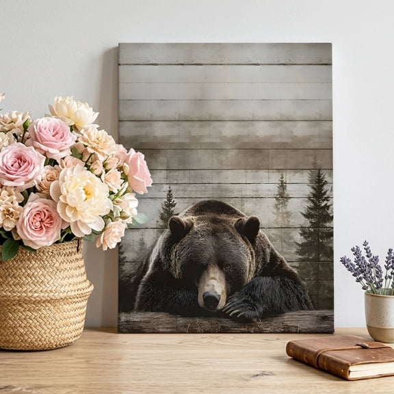 Canvas Wall Art Sleeping Bear Canvas Art Print Animal Forest Rustic Planks Pictures Wall Decor for Living Room Bedroom Artwork Decorations Stretched Framed Ready to Hang 24"x36"