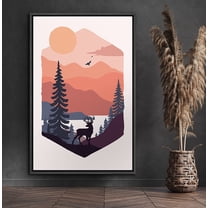 PixonSign Framed Canvas Print Wall Art Elk Overlooks Lake & Mountains Animals Wilderness Illustrations Modern Art Rustic Landscape Relax/Calm Warm Boho Decor for Living Room, Bedroom - 24"x36" Black