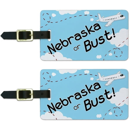 Nebraska or Bust Flying Airplane Luggage Suitcase Carry-On ID Tags, Set of 2