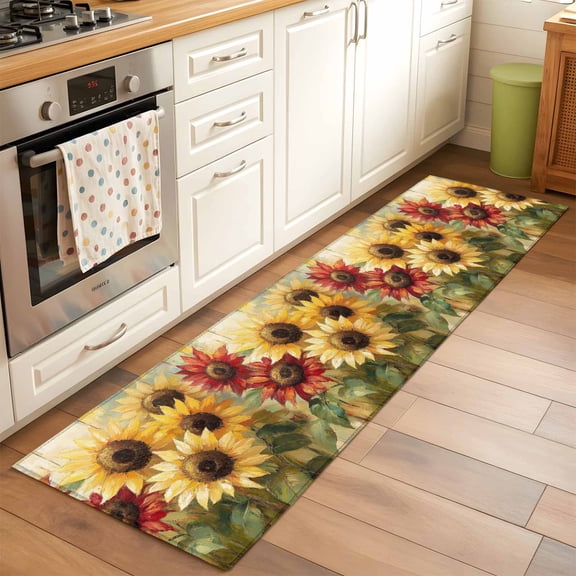 2'x6' Rug Runners for Hallways Kitchen, Summer Sunflowers Non Slip Entryway Beside Floor Carpet Runner, Red Yellow Floral Leaf Wood Grain Washable Laundry Room Bedroom Throw Rugs Mat for Family Pet
