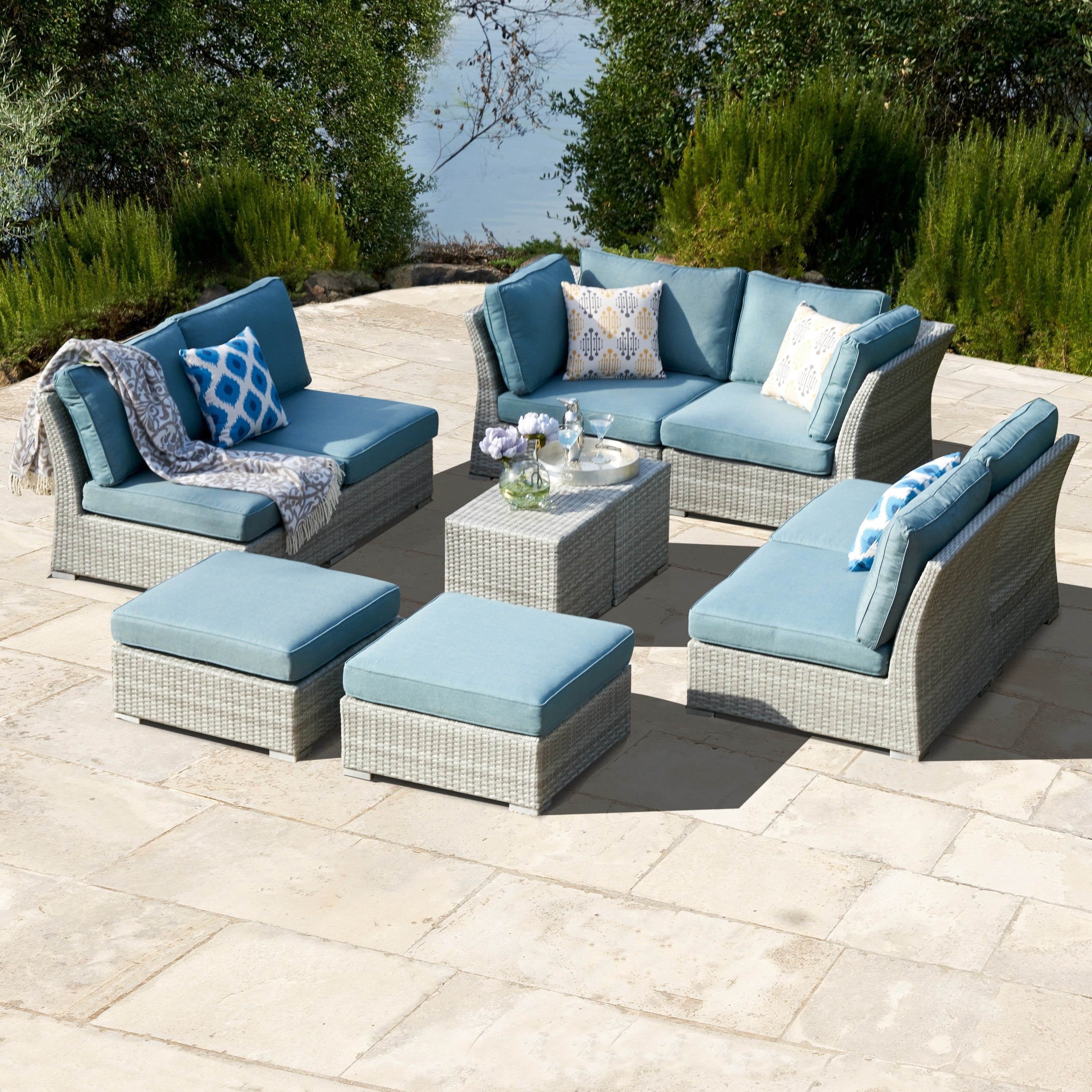 Corvus 10-piece Grey Wicker Patio Furniture Set with Blue Cushions