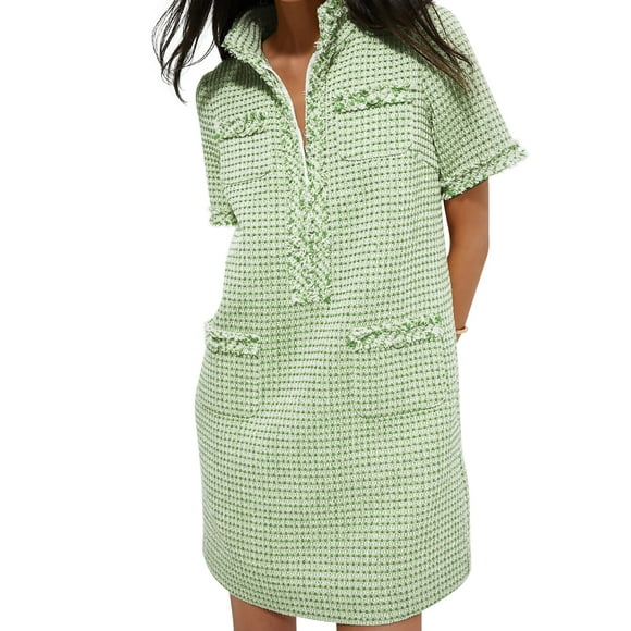 Vestido COZYPOIN Tweed mini verde con cremallera y bolsillos para mujer
