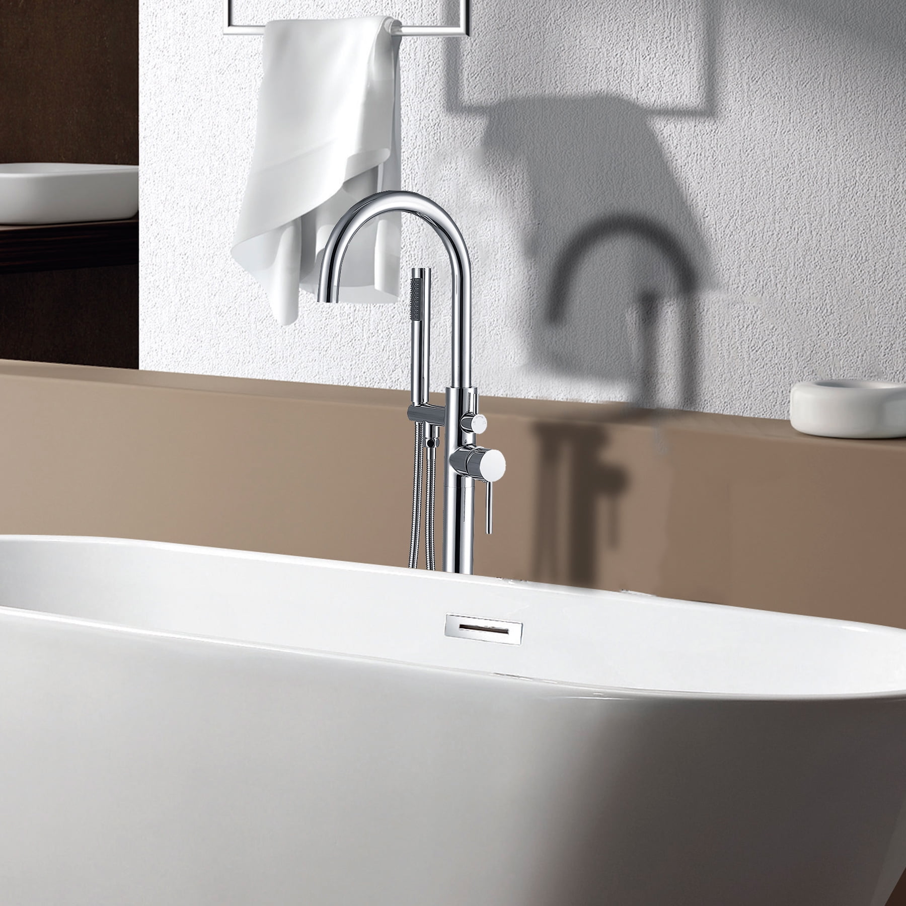 Freestanding Bathtub Faucet Floor Mount Tub Filler Single Handle Stainless Steel  Standing Bathtub Tap with Handheld Spray Swivel Right Angle Spout Brushed Nickel