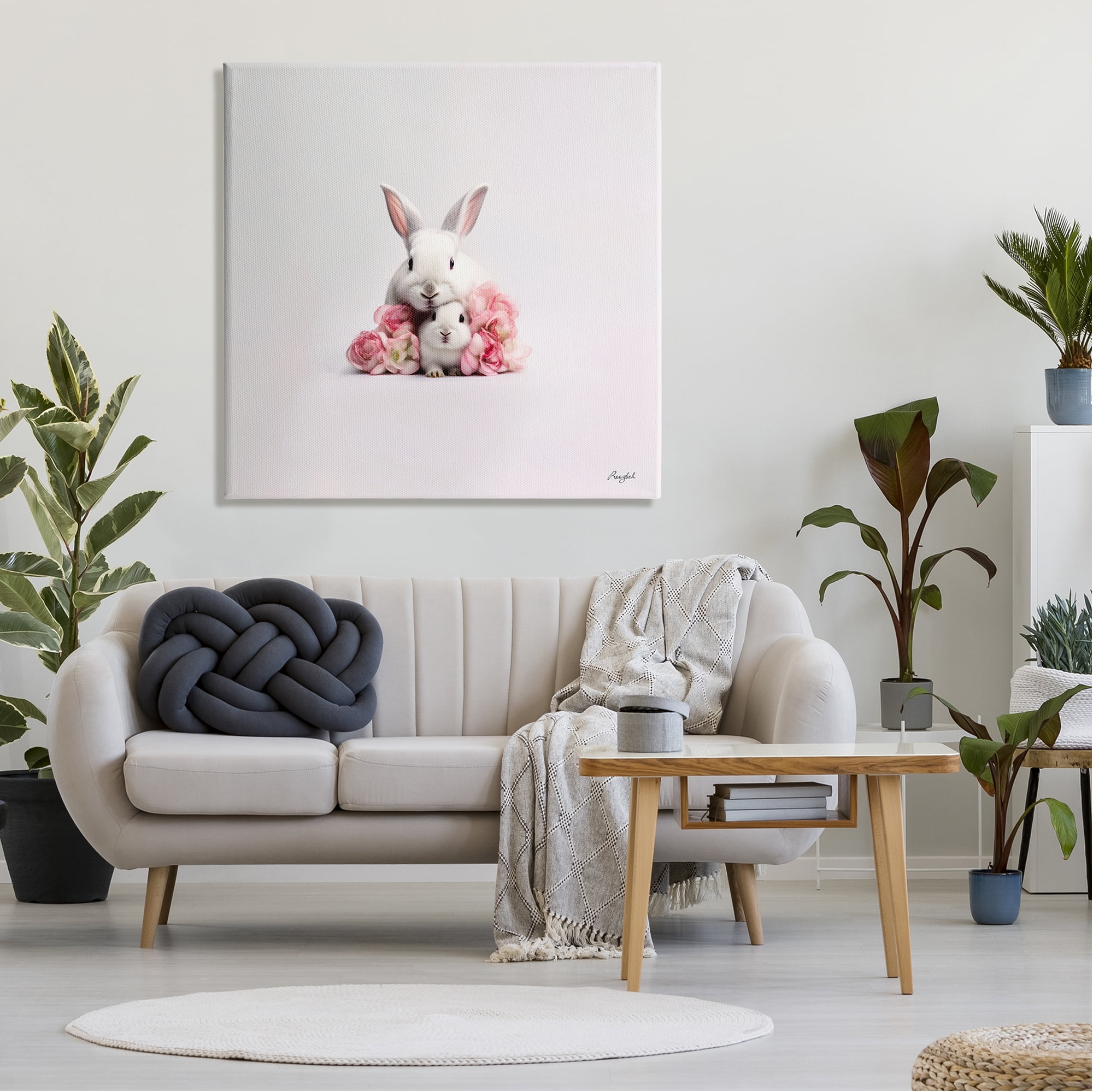 Stupell Industries Bunnies with Pink Peonies Animals & Insects Painting Gallery Wrapped Canvas Art Print Wall Art, 36 x 36