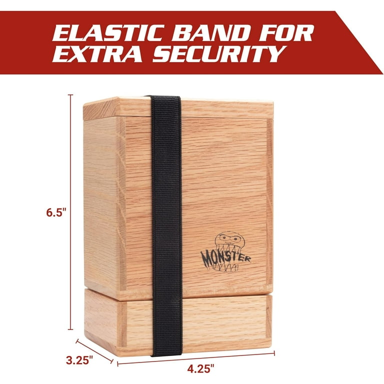 Monster Wooden Deck Box w Strong Magnetic Lid, Built in Dice Tray, Security Band- Premium Finish Holds 150 Sleeved Cards Brown