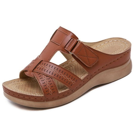 

Foraging dimple Women Wedge Sandals Orthopedic Open Toe Sandals Vintage Non-slip Casual Shoes Brown