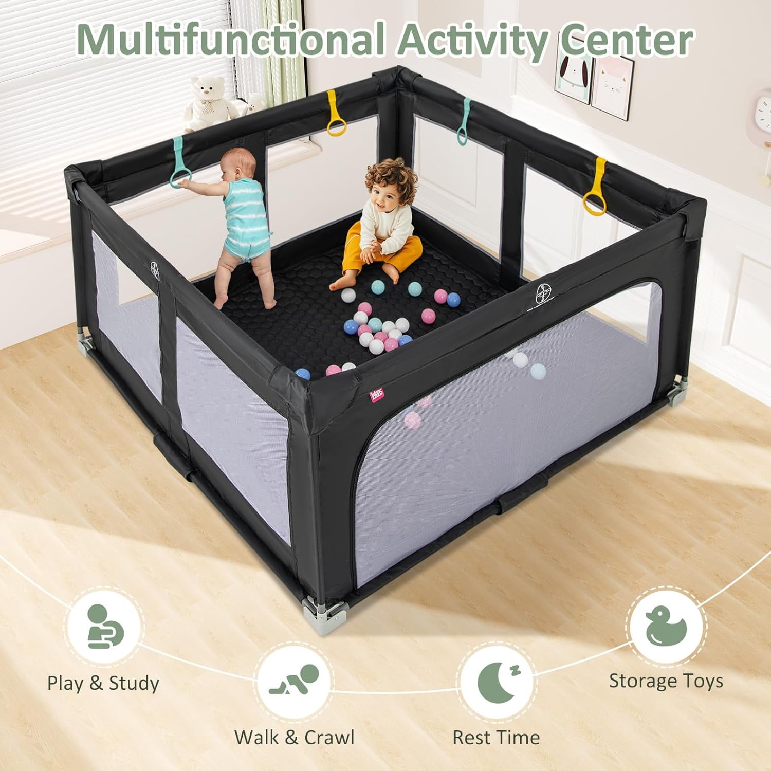 INFANS Foldable Baby Playpen with Mat, 59” x 59” Large Baby Play Yard for Infant with 50 Ocean Balls, 4 Handlers, Carry Bag, Indoor Outdoor Fence Toddler Activity Center