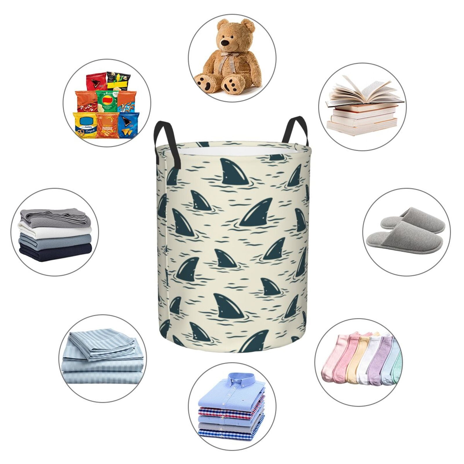 Large Laundry Basket with Handles - Cartoon Wavy Shark Fin Kids Baby Dirty Clothes Laundry Hamper for Bedroom Aesthetic