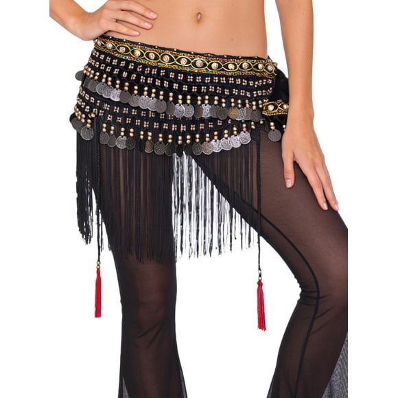 Riismen Belly Dance Hip Scarfs for Women Fringe Dance Waist Chain Belly Dancer Performance Skirt Black One Size