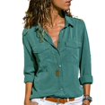 thumbnail image 1 of Women Button Blouse Long Sleeve Pure Color Loose Shirt With Collar All-match TopsPeacock Blue, 1 of 5