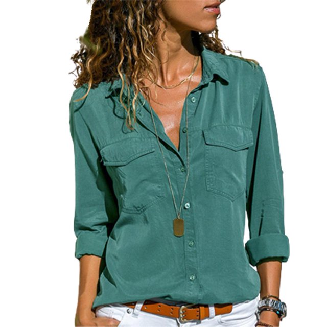 Women Button Blouse Long Sleeve Pure Color Loose Shirt With Collar All-match TopsPeacock Blue