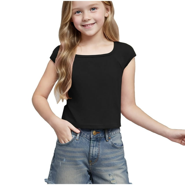 Mgmyaa T-Shirts Courts à Manches Courtes pour Filles Hauts d'Été pour Enfants Tee-Shirt Basique Col Rond Blouses 5-16 Ans