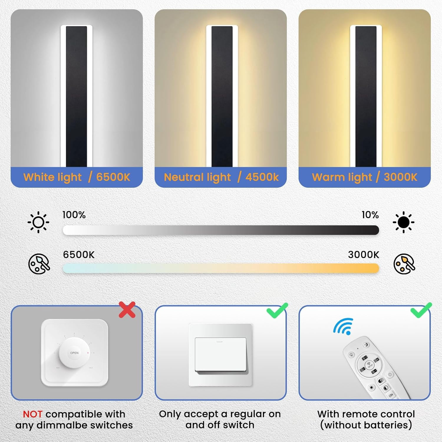 47inch Outdoor Wall Sconces Dimmable 3000K-6000K Exterior Wall Lights Waterproof Modern Wall Mounted Light Fixture with Remote Control