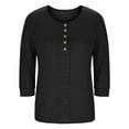 thumbnail image 6 of YOIAVAIOY Women Crew Neck Textured Tops Hollow Out Eyelet Embroidery 3/4 Sleeve Henley Shirts Casual Button Down Elegant Work Blouse Black M, 6 of 7