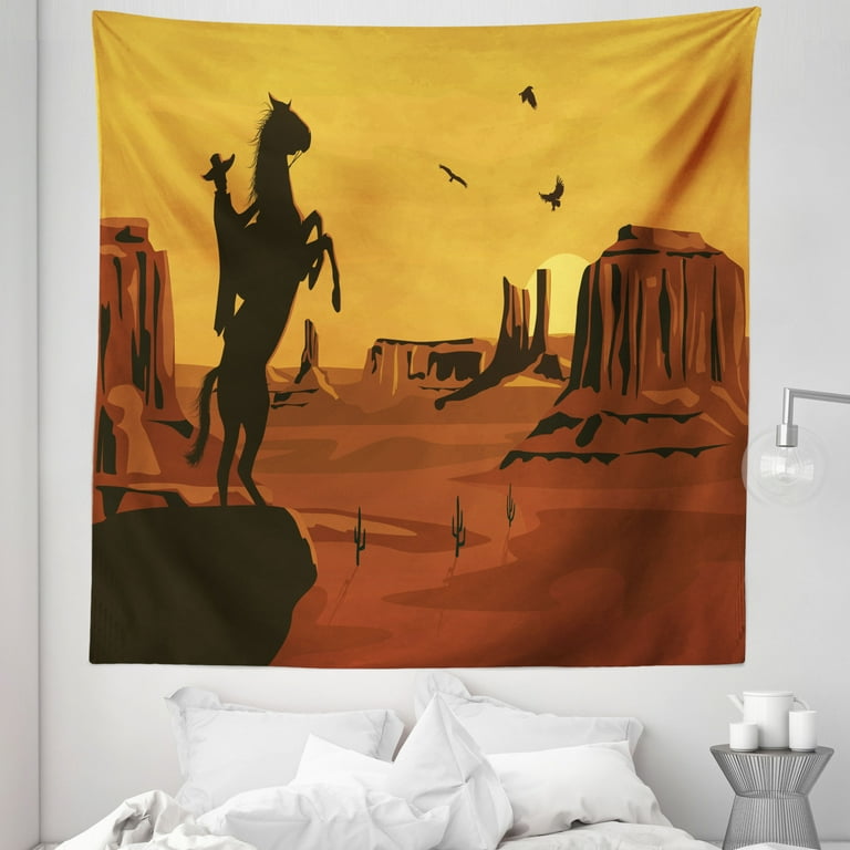 Western Tapestry Cartoon Illustration of Wild West Scene Cowboy