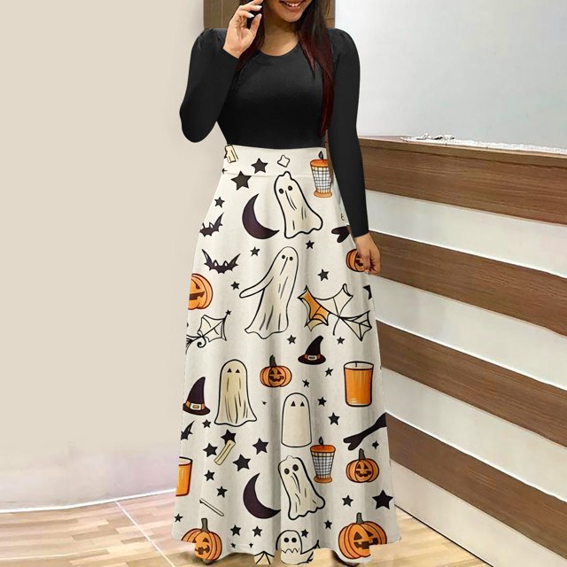 Qiopertar Vente de Liquidation Robe à Manches Longues Imprimée à Fermeture Éclair Col Rond Jupe Longue Offres de la Semaine Moins de 5$