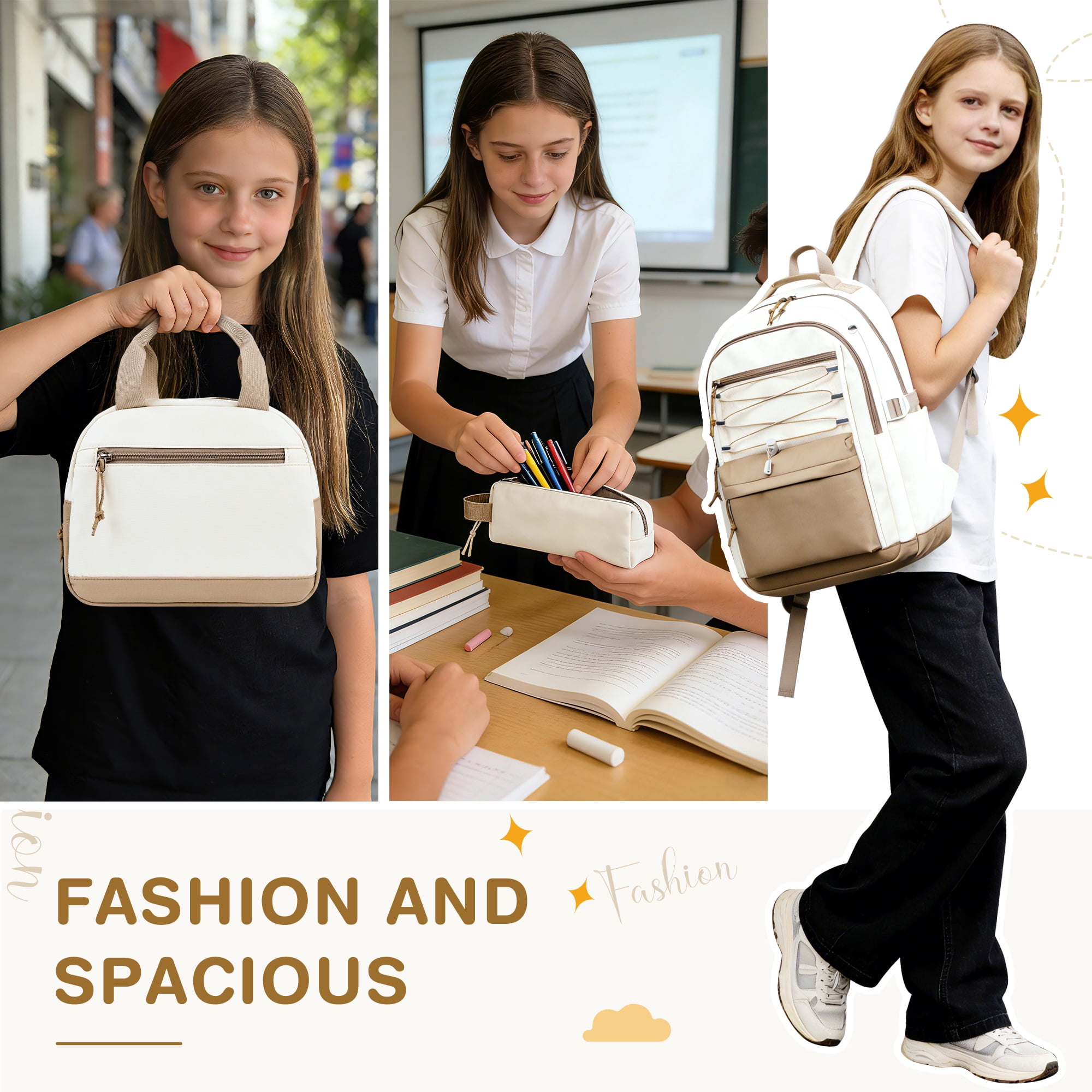 DAKIMOE 3 PCS School Backpacks for College Teens Cute Girlish Middle High School Bookbag Large Capacity Lightweight Waterproof Daypack for Students