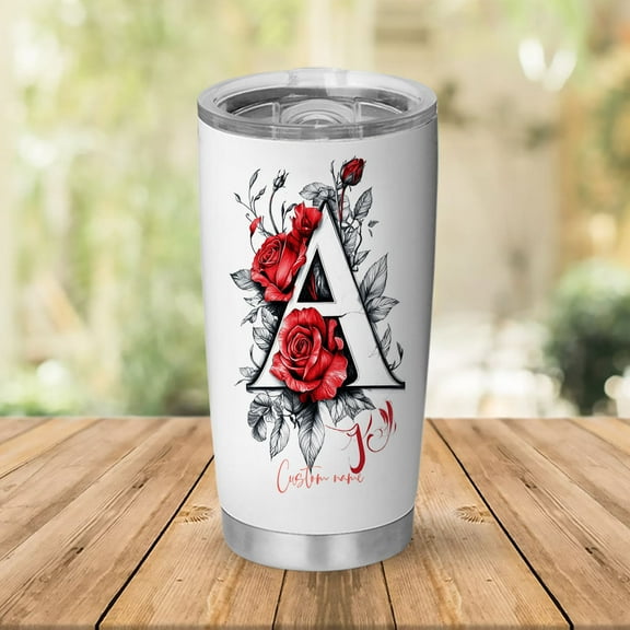 Personalized Floral Tumbler 20oz Featuring Initial 'A', Stainless Steel Insulated Coffee Mug with Lid, Drinkware for Mom, Sister, Friends, Birthday Gathering, Wedding Ceremony