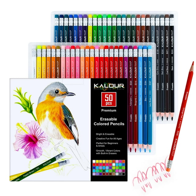 Juego de lápices de colores KALOUR de 50 colores borrables con gomas de borrar