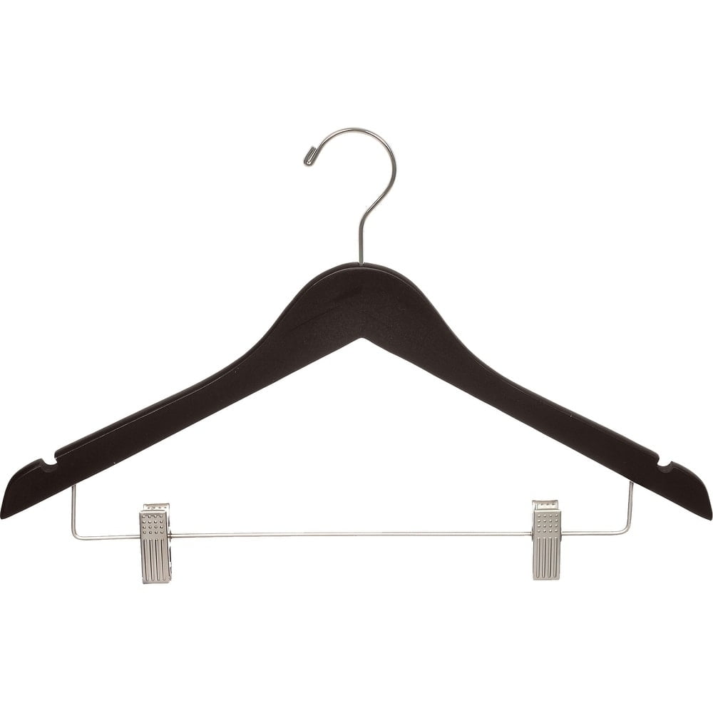 Wood Combo Hanger w/ Cushion Clips, Box of 25, 17 Inch Flat Wooden Hangers w/ Espresso Finish & Brushed Chrome Hardware & Notches for Shirt Jacket or Dress