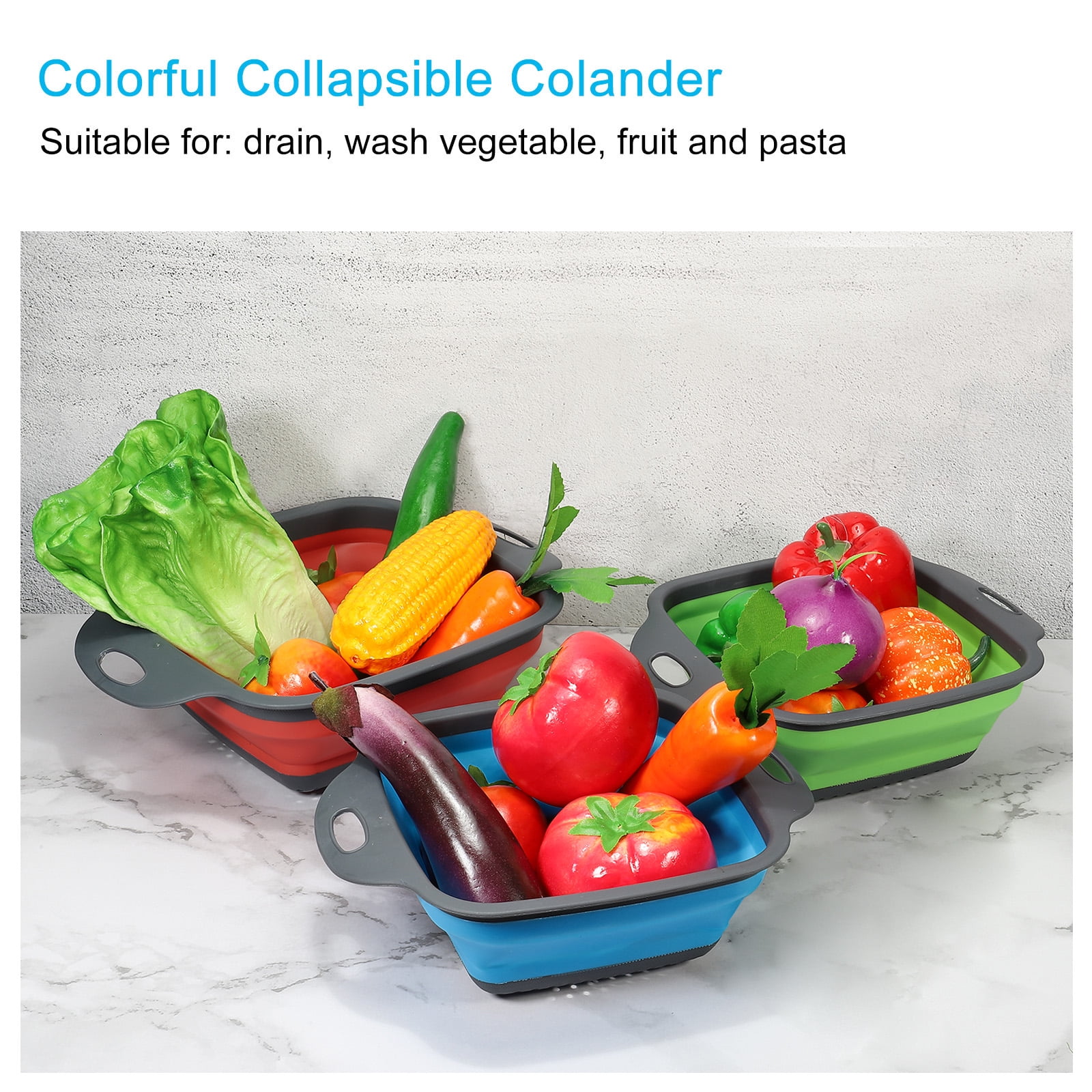 Unique Bargains 2 Pcs Foldable Silicone Strainer for Pasta Veggies Fruits Blue Green