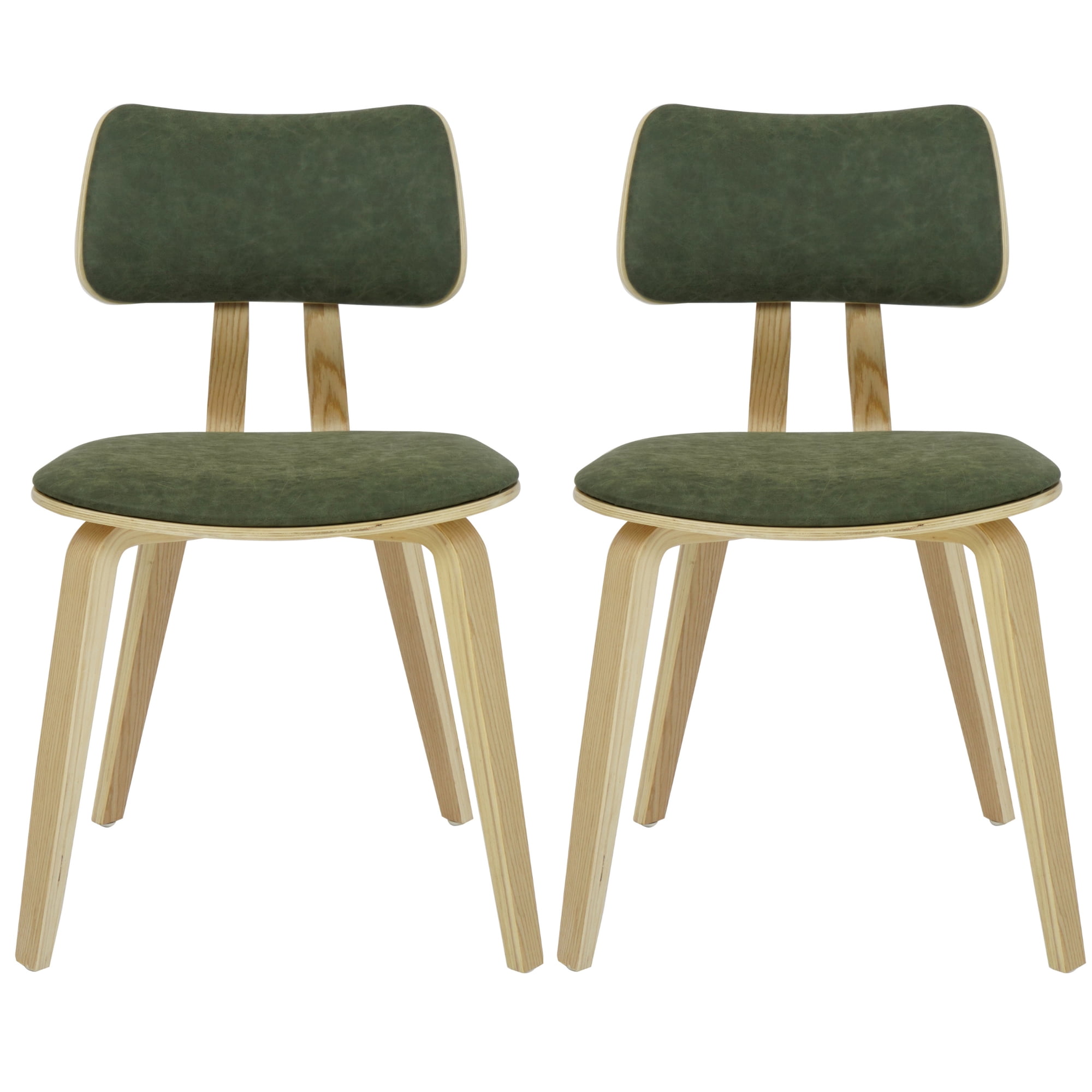 Jaguar Vintage Green Curved Back Wood Dining Chair with Faux Leather Seat Set of 2
