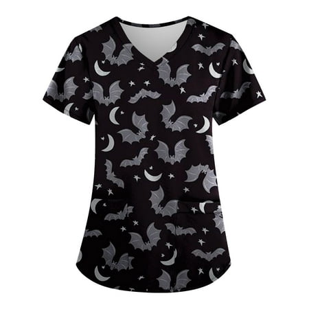 

TQWQT Halloween Print Scrub Tops for Women Short Sleeve T-Shirts Bat Printed V Neck Nurse Working Stretchy Uniforms with 2 Big Pockets Black XL