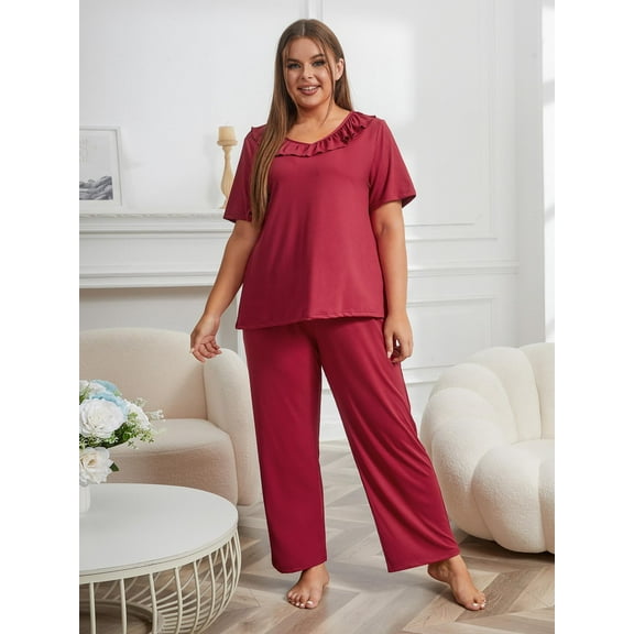 ebukurty Plus Size Pajama Sets for Women 2 Piece Short Sleeves Ruffled Red Lounge Sets, Sizes 1XL-4XL