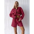 thumbnail image 6 of Women'S Cotton Cardigan Long Sleeve Top and Shorts Set Minimalist Solid Color Loungewear Outfit Wine Red M, 6 of 8