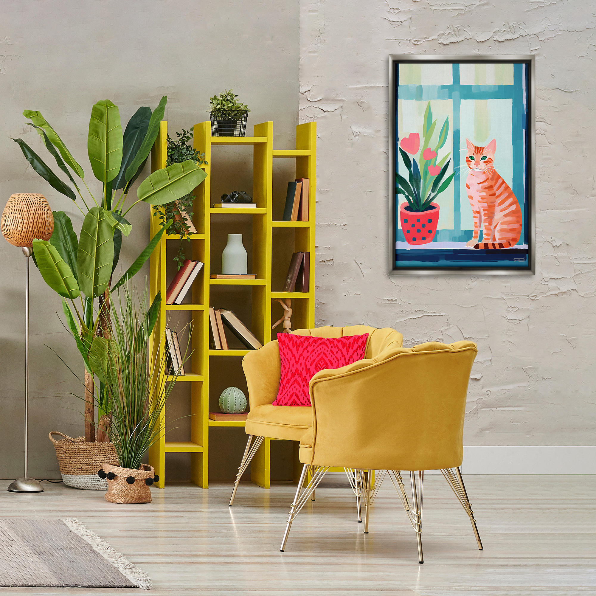Stupell Industries Cat & Tulips in Windowsill Animals & Insects Painting Gray Floater Framed Canvas Art Print Wall Art, 21 x 31