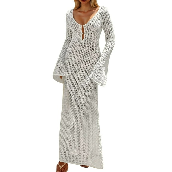 Women Sun Shirt Long Sleeve Sun Shirt Women Womens Crochet Maxi Cover Up Dress Beach Swim Vacation Coverups Long Sleeve Sexy Bodycon Summer Knit Dresses