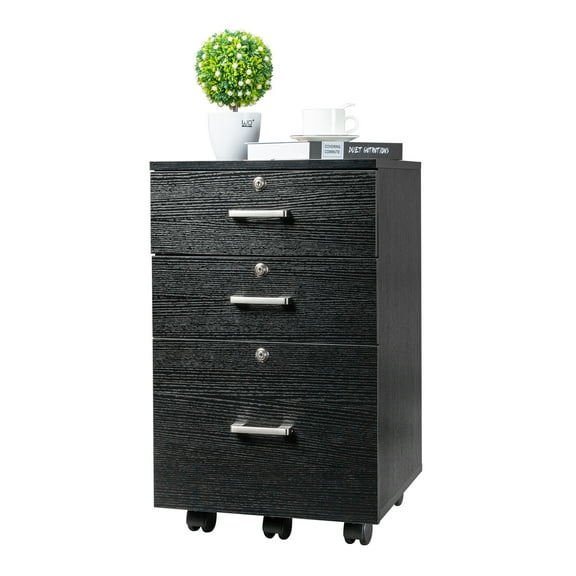 FCH Black Wood Grain 3-Drawer Mobile File Cabinet - Locking Wheels, Letter/Legal Size Storage, 44 lb Capacity
