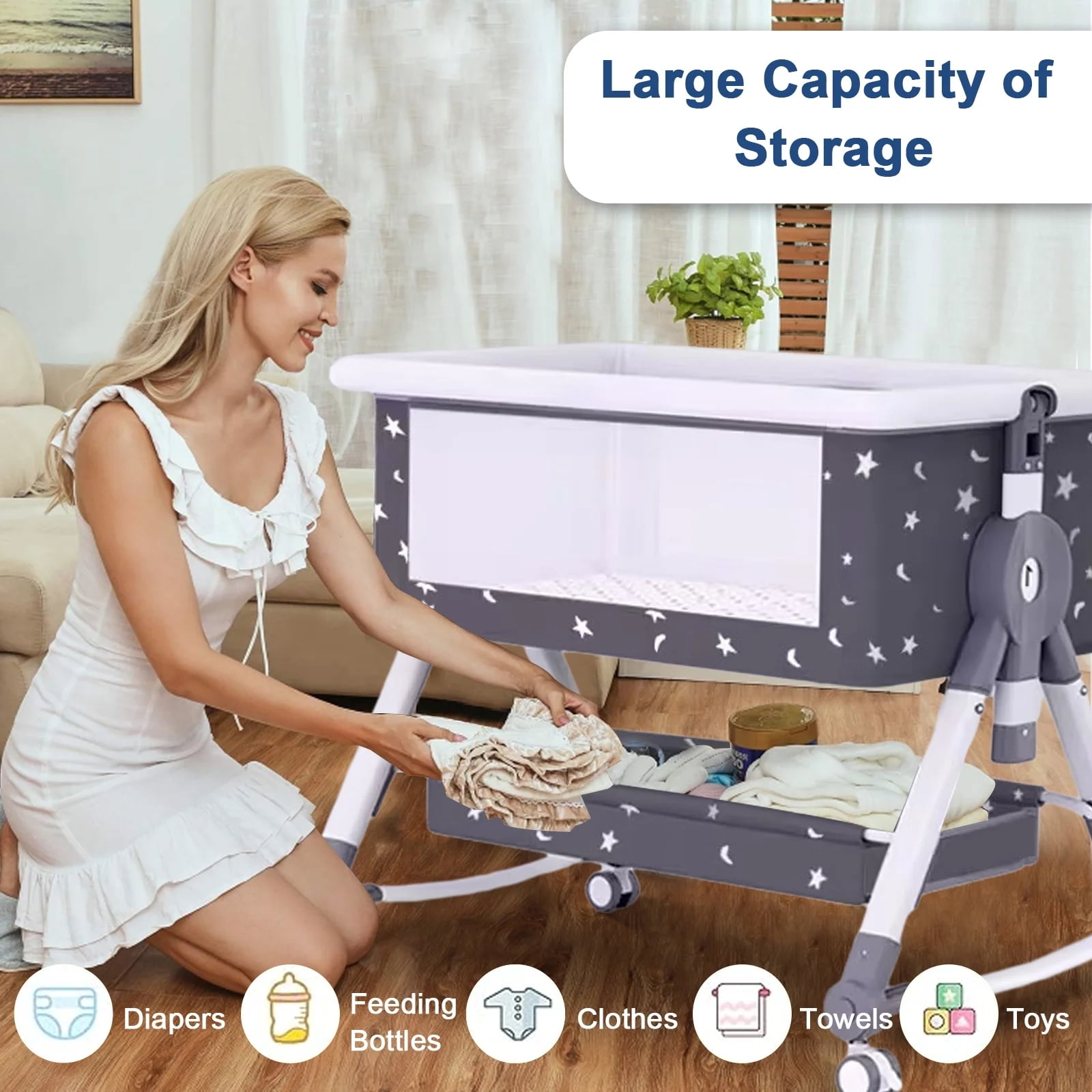 HENG Co. Baby Bassinet, 5-in-1 Infant Bedside Crib with Diaper Table, Adjustable Height, for 0-24 Months, Sky Blue