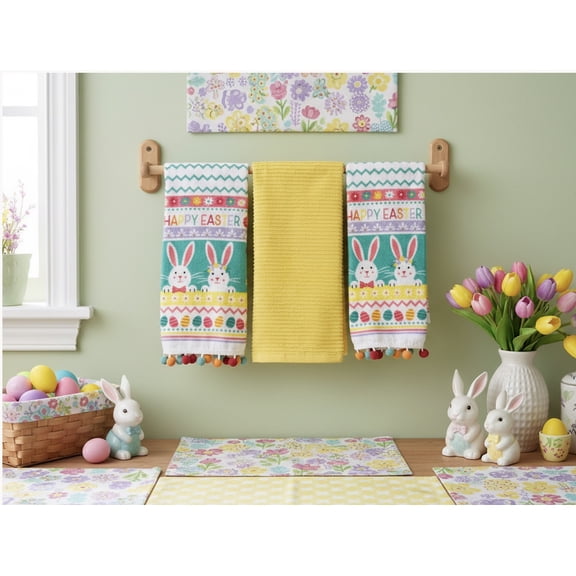 Serafina Home Happy Easter 4 Piece Dish Towel Potholder Oven Mitt Set: Decorative Egg Design