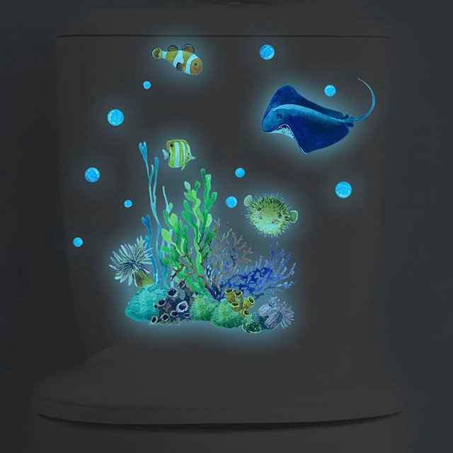 Pegatina para asiento de inodoro, pez diablo Coral que brilla en la oscuridad (luz azul), mundo submarino, pegatinas de decoración de pared para el hogar