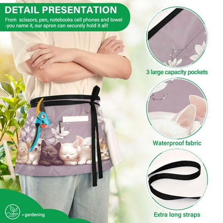 

YAZAOO Aprons with Pockets for Server Aprons with 3 Pockets Water Resistant Half Waist Apron Kittens and Puppies with Flowers