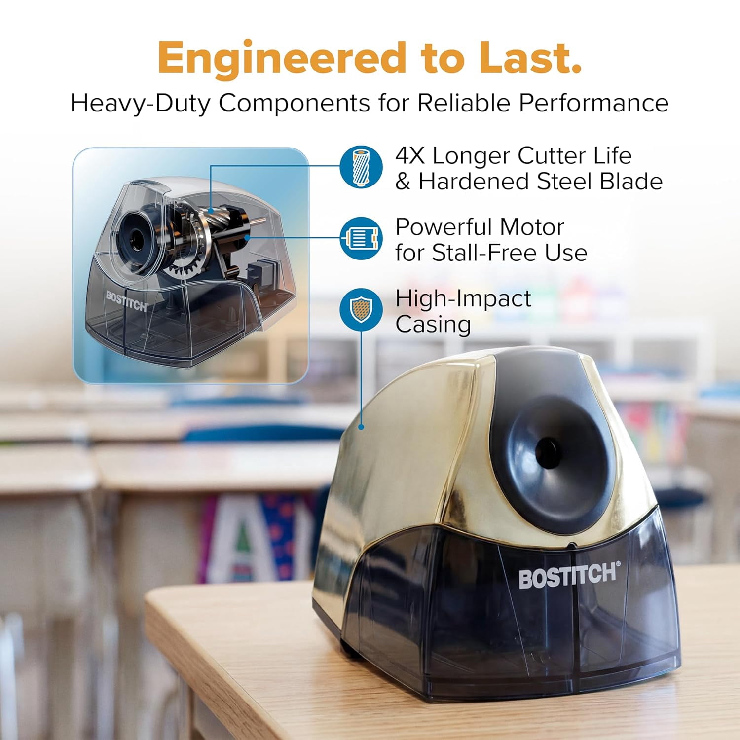 Office Electric Pencil Sharpener for Classroom & Desk Use, Heavy-Duty Stall-Free Motor, High-Capacity Shavings Tray, Gold Chrome