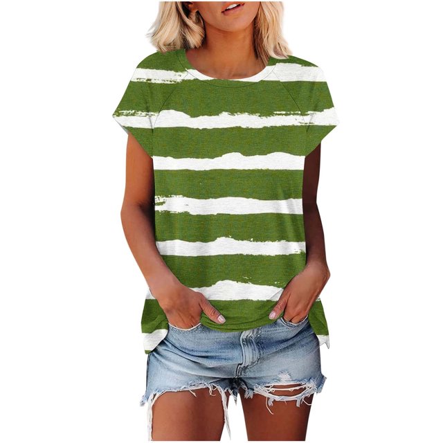 SwiftWear Women's Summer Tops 2025 Striped Color Block Short Sleeve T-Shirts Crewneck Casual Loose Basic Tee Blouses